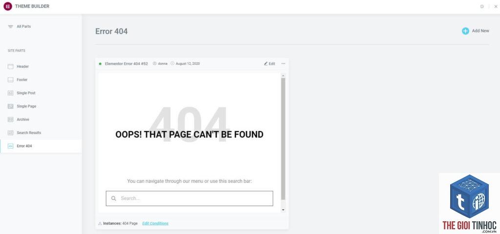 elementor 404 template lỗi