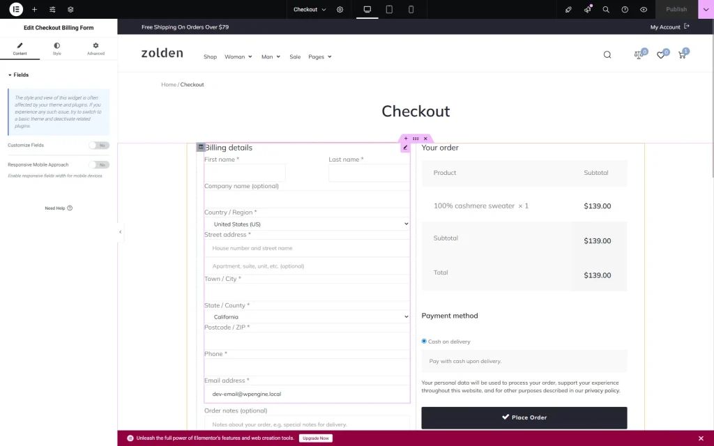 elementor checkout widget lỗi