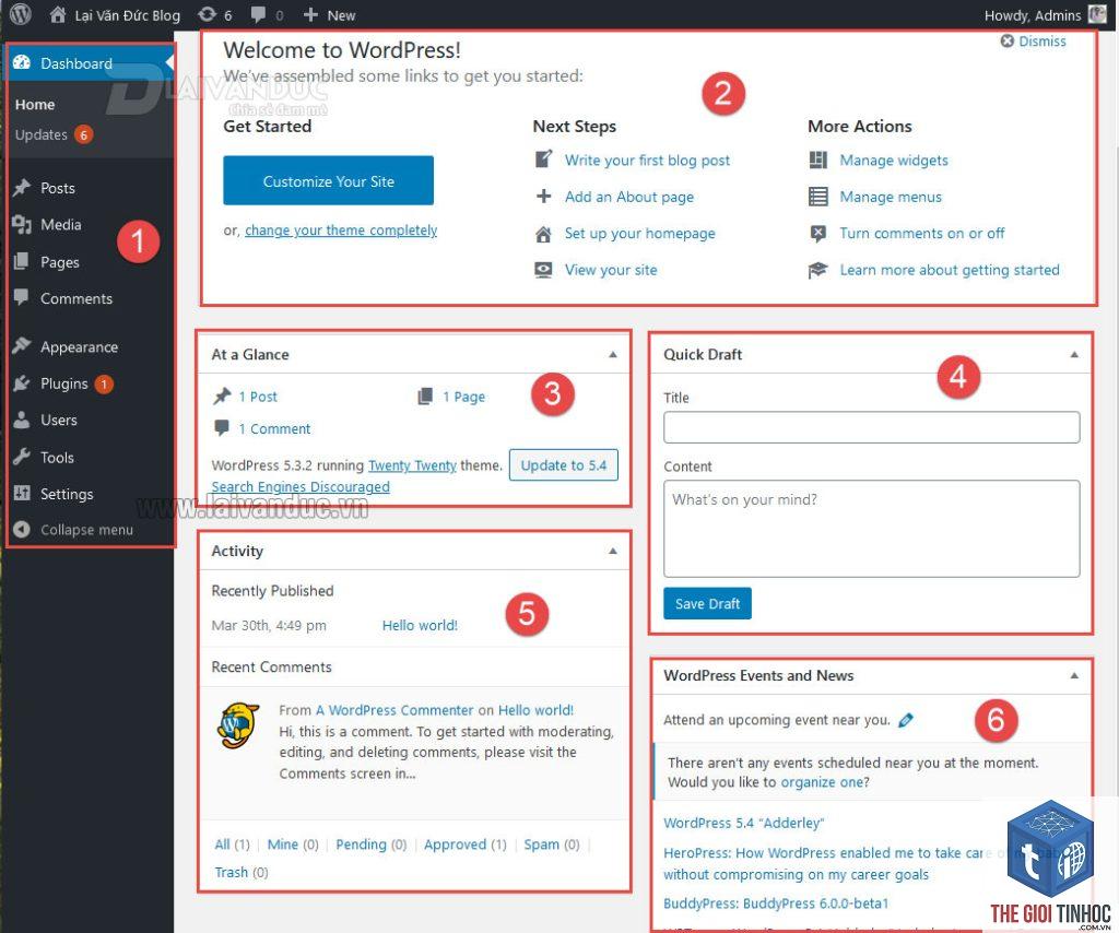 làm quen dashboard wordpress