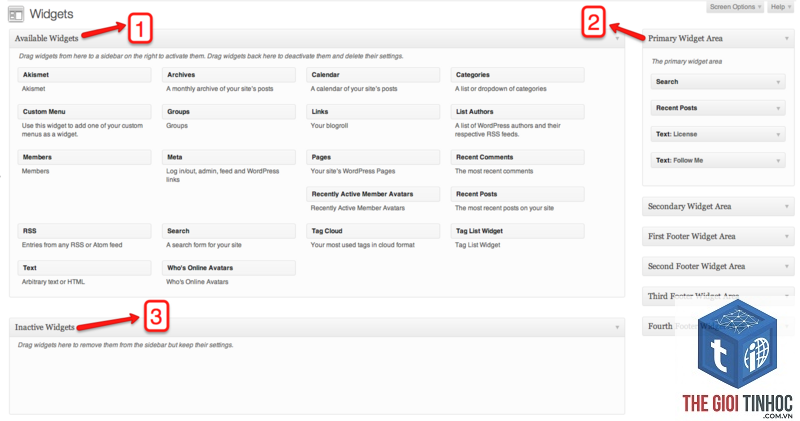 quản lý khu vực widget wordpress