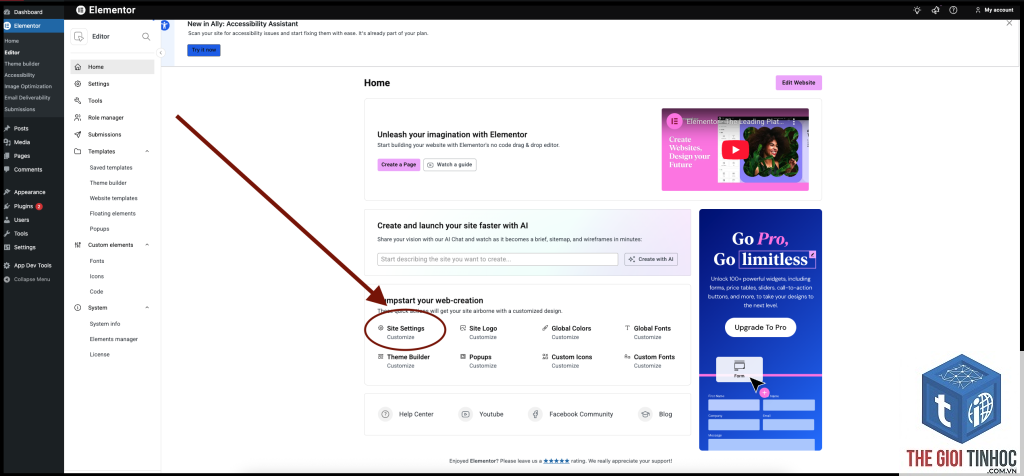 site settings elementor