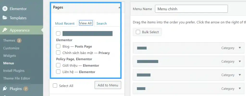 thêm liên kết vào menu wordpress