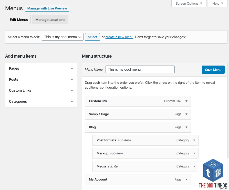 theme wordpress menu dropdown lỗi