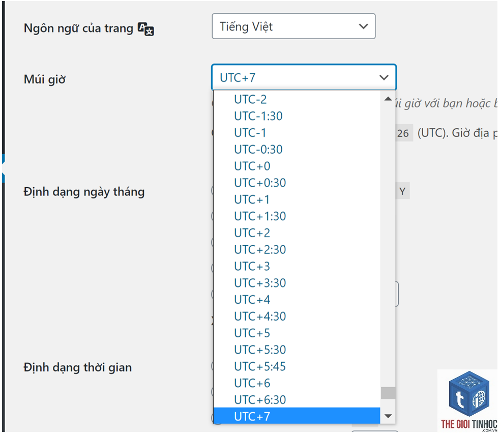 thiết lập múi giờ wordpress
