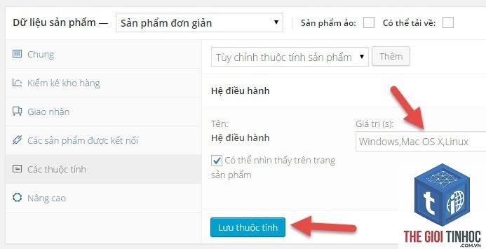 thuộc tính sản phẩm woocommerce