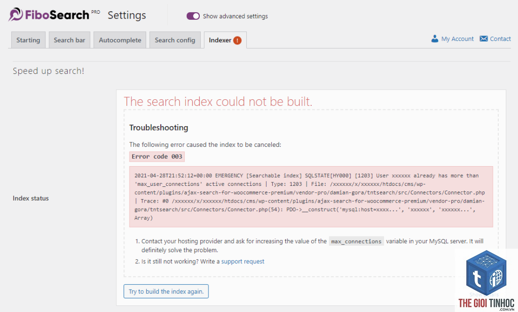 woocommerce search index lỗi
