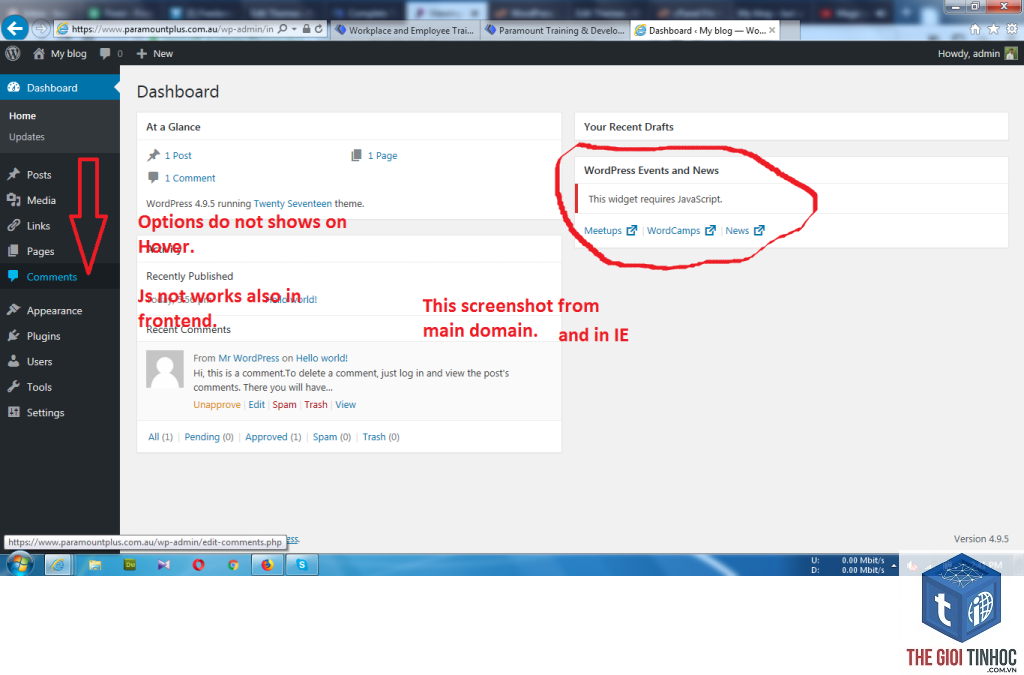 wordpress dashboard lỗi javascript