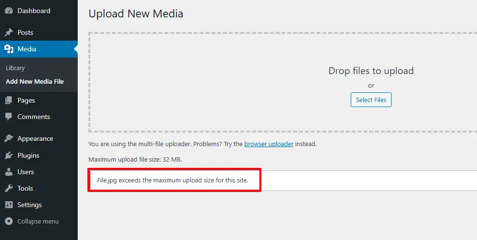 wordpress upload exceeds limit