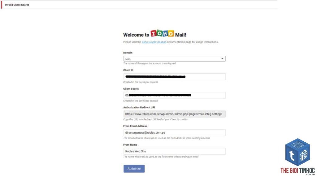 wordpress zoho authentication failed