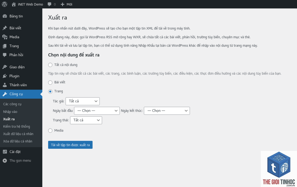 xuất dữ liệu wordpress