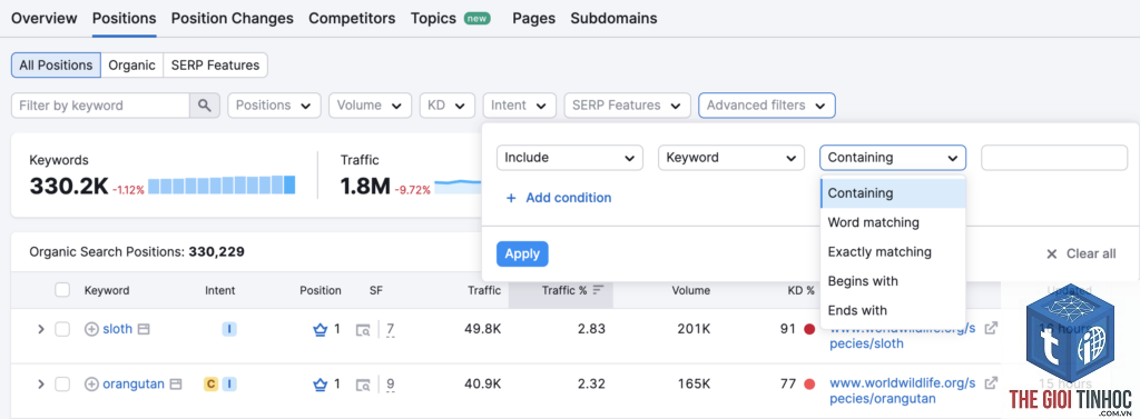 filter keywords semrush