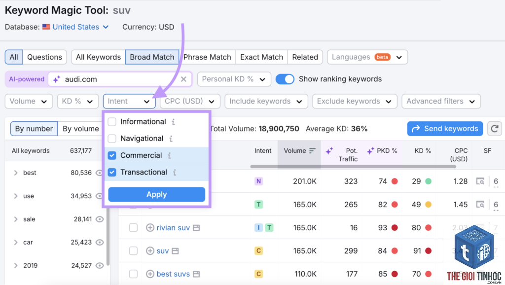 keyword intent filter semrush